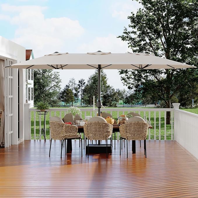 Garvee 15FT Rectangular Outdoor Umbrella Patio Umbrella with Base Included Large Market Umbrellas with Crank Handle UV Protection Table Umbrellas for Outdoor, Backyard, Deck, Poolside, Beige