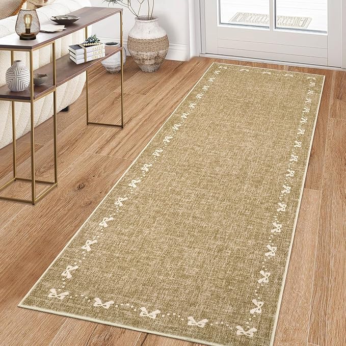 COZYLOOM 2x6 Kitchen Runner Rugs Non Skid Washable, Stain Resistant Modern Bow Printed Rug for Entryway Indoor, Non Shedding Low Pile Solid Color Mats for Hallway, Bedroom, Laundry Room, Brown