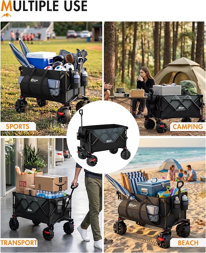 PORTAL Heavy-Duty Folding Wagon Cart, Large Collapsible Utility Wagon with All-Terrain Wheels for Beach, Camping, Garden & Grocery