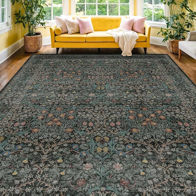 Vintage Washable Dark Green 10x14 Rug for Living Room - Extra Large Area Rug for Dining Room Under Table, Soft Low Pile Carpet for Bedroom - Vintage Floral Design Non-Slip (10x14 Dark Green)