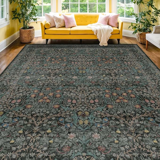 Washable Dark Green 10x12 Rug for Living Room - Extra Large Area Rugs for Dining Room Under Table, Bedroom, Soft Low Pile Non Slip Stain Resistant Carpet - Vintage Floral Design Non-Slip