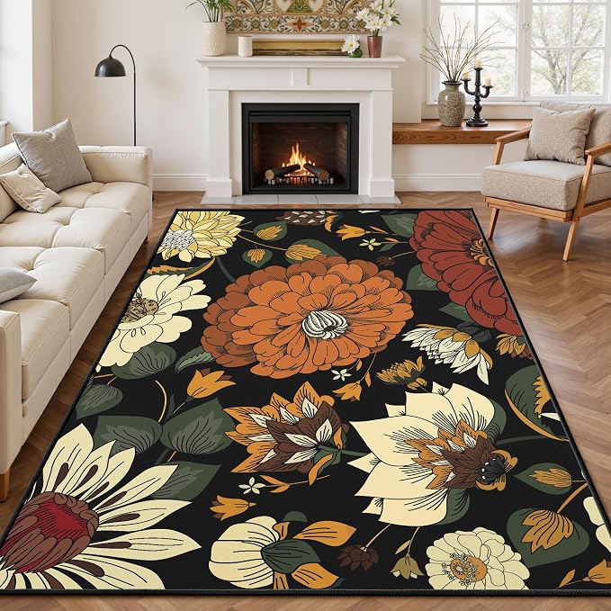 Tyrot Black Boho Floral Living Room Rug, Ultra Thin Flat Woven 5x7 Rug Washable Botanical Area Rugs Non Slip Low Pile Mid Century Modern Carpet for Bedroom, Dining Room, Office