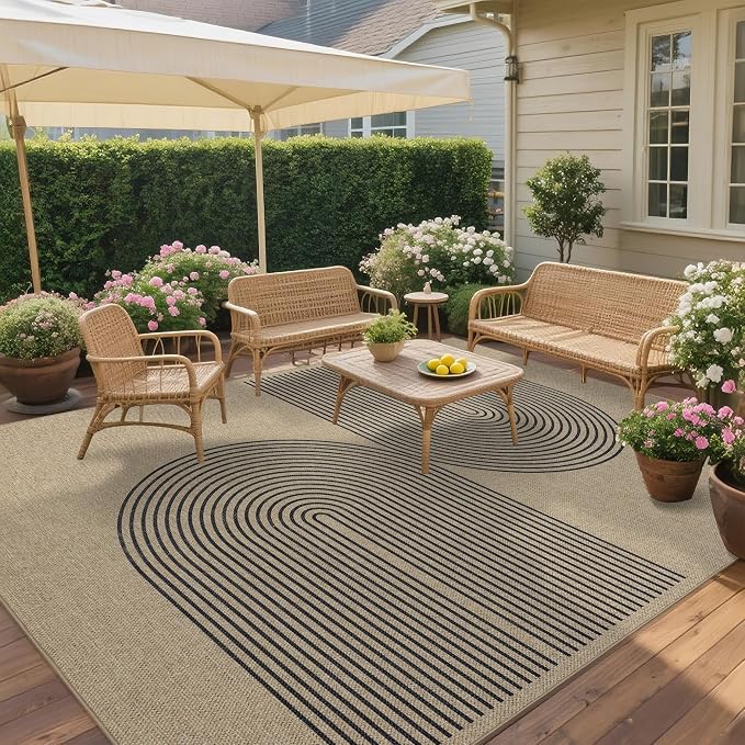 Easy Jute Rug 8x10 Outdoor: Natural Area Rugs for Patio Linen-Look Durable - Neutral Large Washable Carpet for Living Room Bedroom Dining Room Non-Slip - Black Stripes