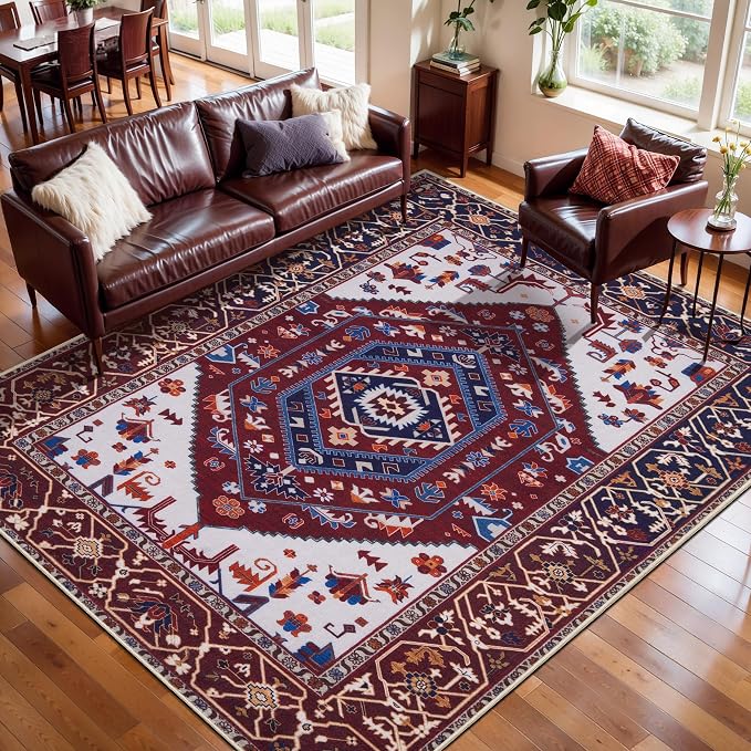SERISSA 5x7 Washable Non Slip Boho Area Rug for Living Room | Ultra Soft Vintage Oriental Carpet Low-Pile Burgundy Navy Throw Carpet for Bedroom Dining Room Dorm Office Home Decor