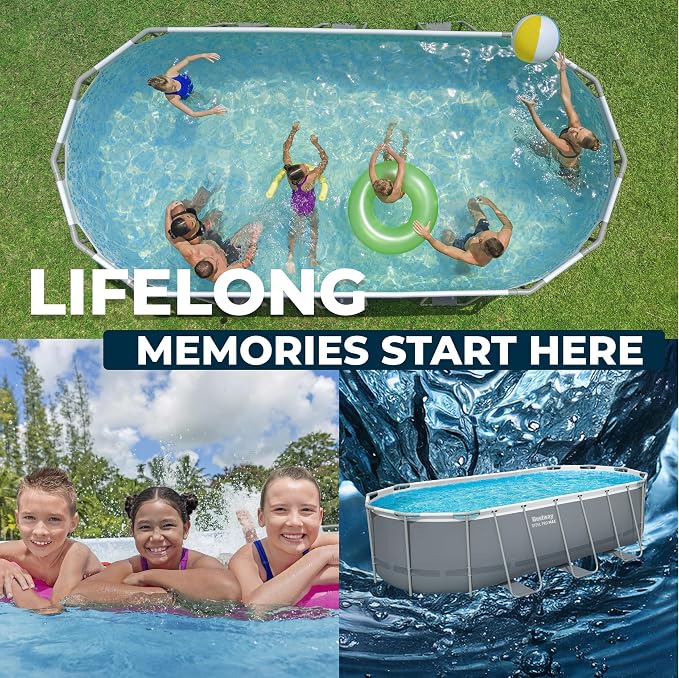 Bestway Steel Pro MAX 18' x 9' x 48" Above Ground Pool Set with Pump | Durable Oval Metal Frame Outdoor Backyard Swimming Pool, Puncture-Resistant Liner - Ladder and Cover Included, Gray
