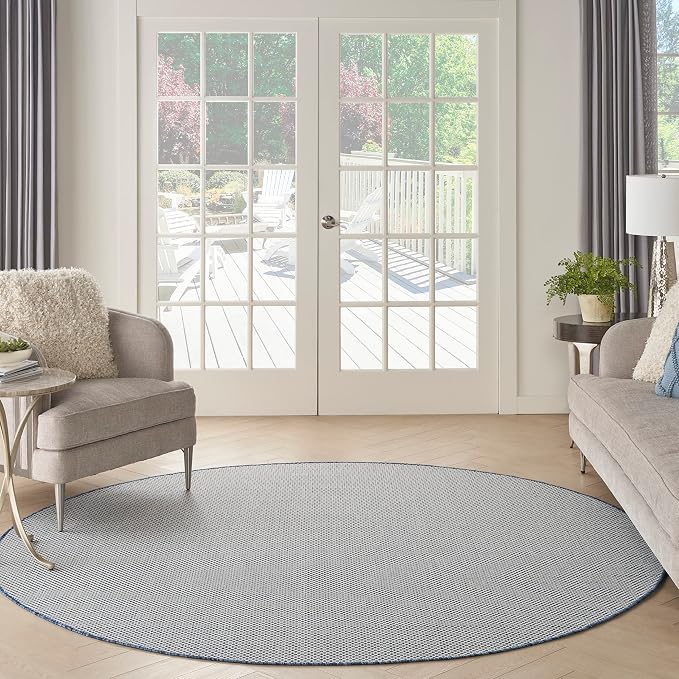 Nourison Home Courtyard Ivory Blue 8' x Round Area Rug - Easy Clean, Non Shedding, Bed Room, Living Room, Dining Room, Kitchen (8' x Round)