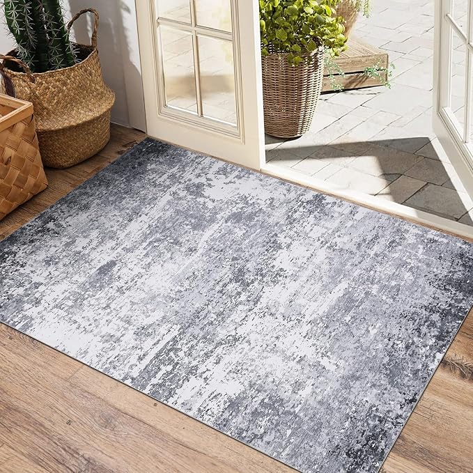 ROYHOME Modern Abstract 2x3 Area Rug Non Slip, Light Grey | Non Shedding Low Pile Stain Resistant Rug for Entryway Kitchen Bedroom