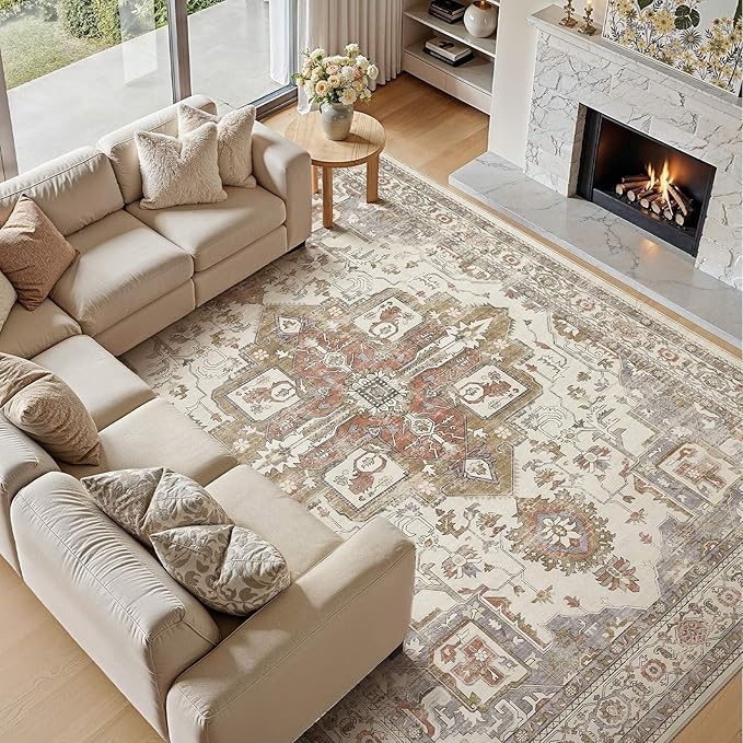 Vintage Washable 5x7 Area Rug for Living Room, Golden Taupe | Soft Low Pile Rug with Non-Slip Backing, Stain Resistant for Bedroom or Dining Room, Kid & Pet Friendly