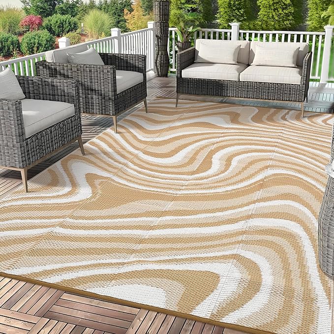 Garvee 10x14 Modern Large Outdoor Rug, Waterproof Rug for Camping, Reversible Plastic Straw Rugs UV Resistant Abstract Carpet for Picnic Backyard Deck Balcony Porch Beach Trailer, Light Brown