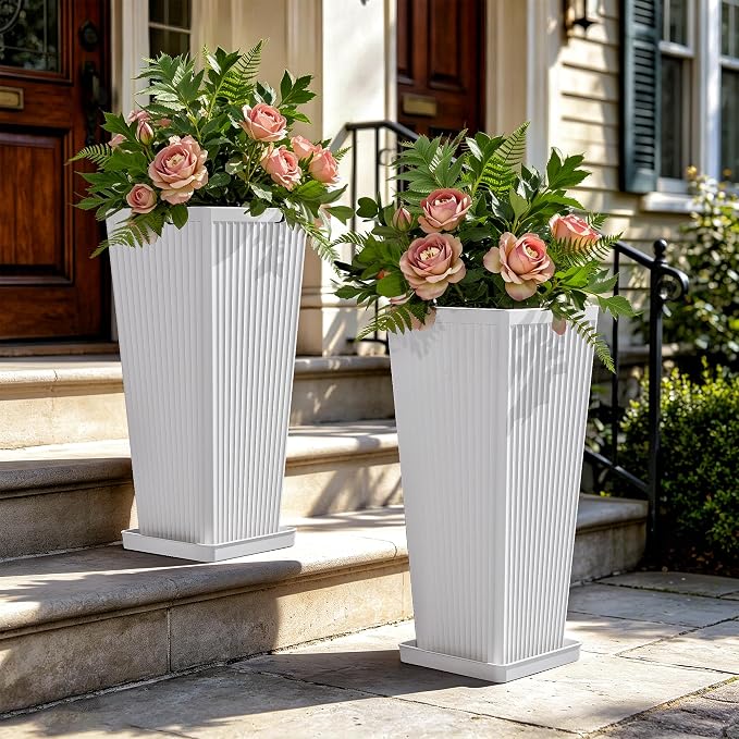 Front Porch Planters Outdoor Set of 2, 24" Tall Plastic Planters for Outdoor Plants with Drainage, Extra Large Outdoor Planter Pots, Tapered Tall Planters for Front Door & Indoor Plants, White