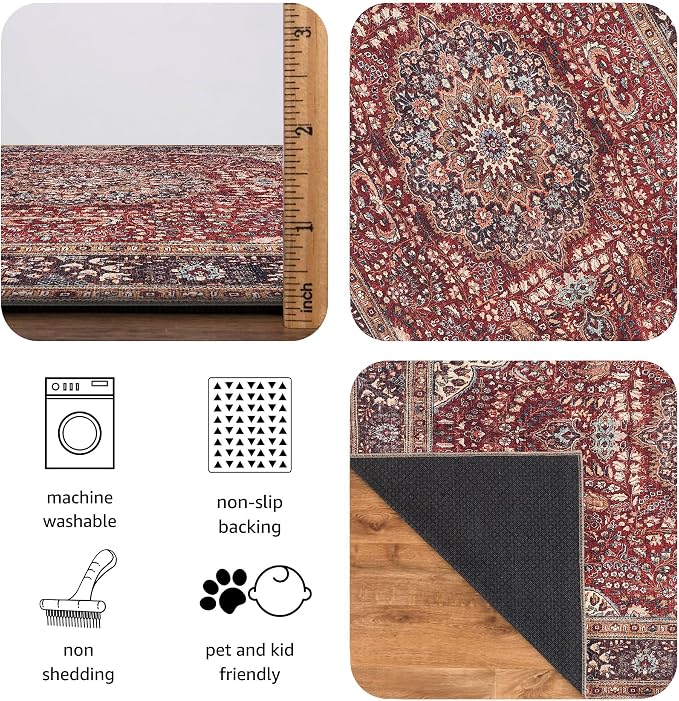 Keen Home Design Vintage Washable Area Rug, Non-Slip Low Pile, 5x7 | Machine Washable Cotton Chenille, 0.25In Low Pile, Rubber Non-Slip Back; Living Room, Bedroom, Dining Room, Office