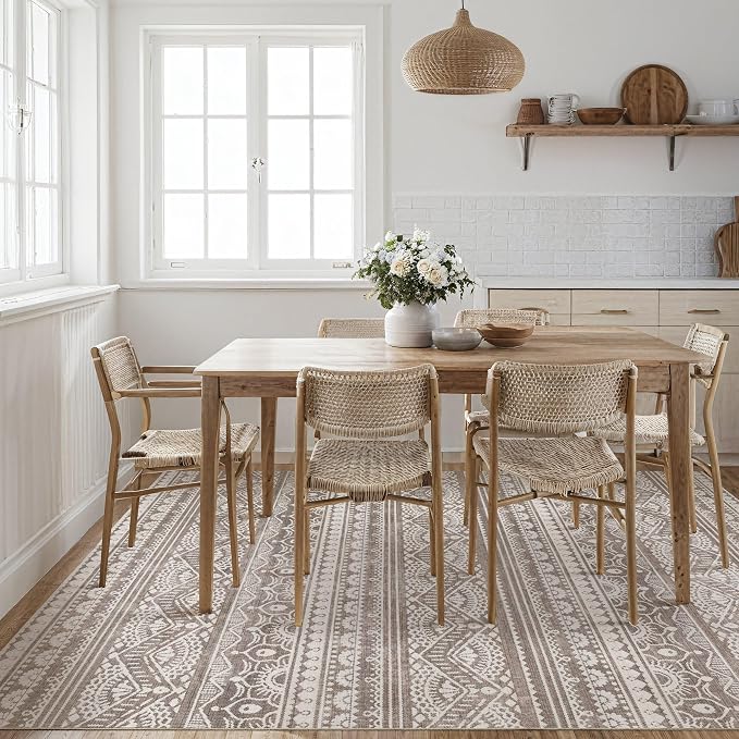 Tortania Area Rug Living Room Rugs - 10x14 Washable Large Soft Neutral Boho Moroccan Bohemian Farmhouse Rug Indoor Floor Carpet for Bedroom Under Dining Table Home Office Decor - Dark Brown