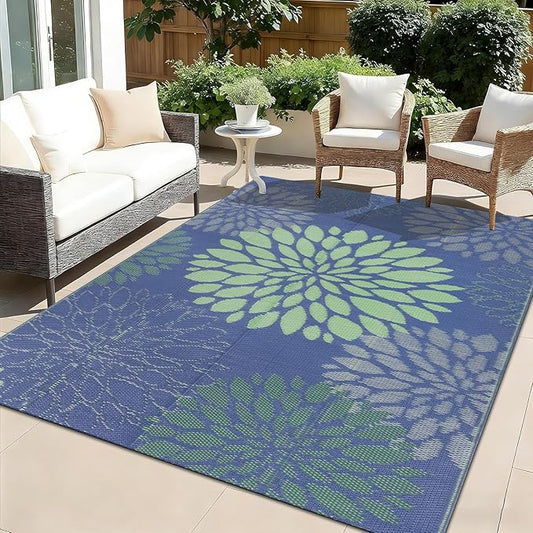 Ileading Waterproof Outdoor Rug 5x8, Reversible Plastic Straw Patio Rug, Portable Indoor Outdoor RV Camping Mat Carpet for Deck, Porch, Balcony, Backyard, Picnic, Floral Navy Blue