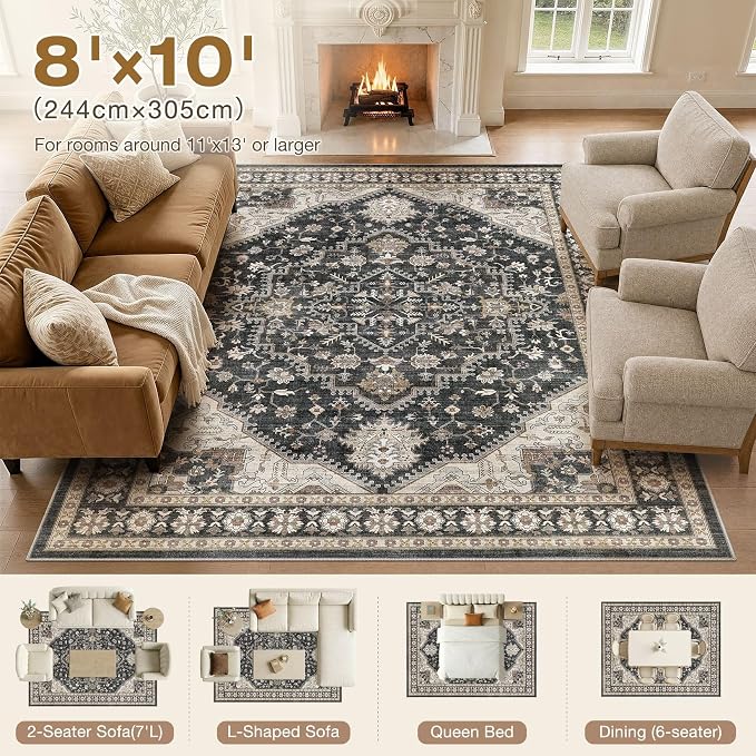 DTICON Vintage Washable 8x10 Area Rug Living Room Rugs, Black | Boho Distressed, Pet & Kid Friendly, Non-Slip Backing, Soft Polyester, Low-pile Carpet for Living Room, Bedroom, Dining Room