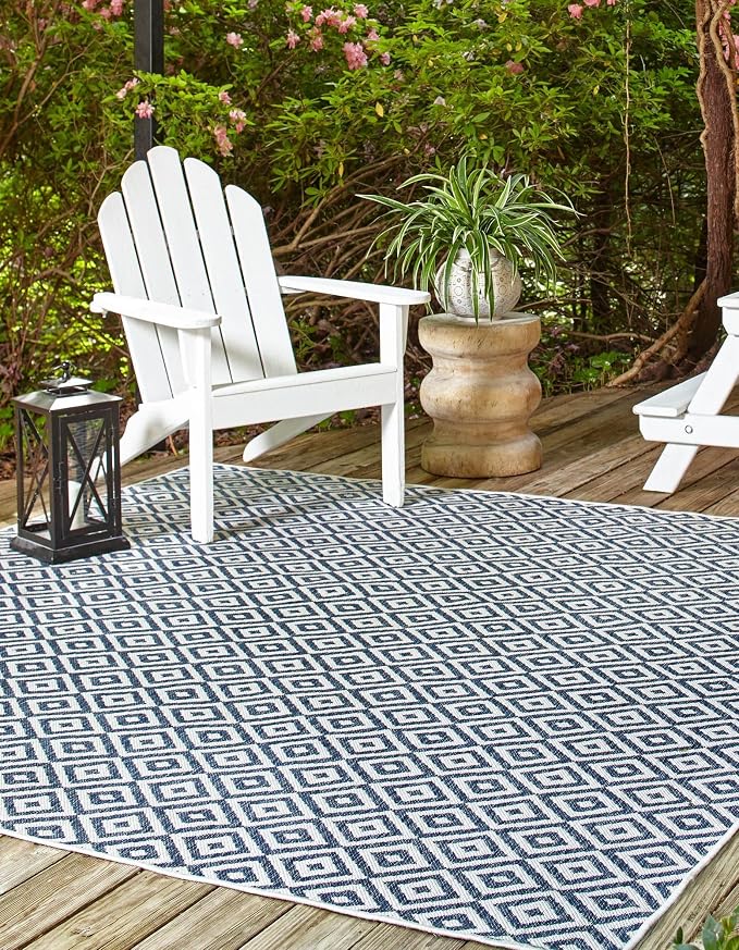 Unique Loom Outdoor Collection Area Rug - Costa Rica (10' 8" Square, Blue/ Ivory)