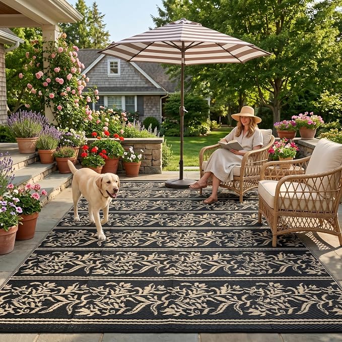 Garvee Outdoor Rugs 5x8 Waterproof Reversible Mat Boho Leaf Patio Rug with 4 Stakes and Starage Bag, Large Outdoor RV Mat Rugs for Camping, Picnic, Balcony, Deck, Backyard, Black & Brown