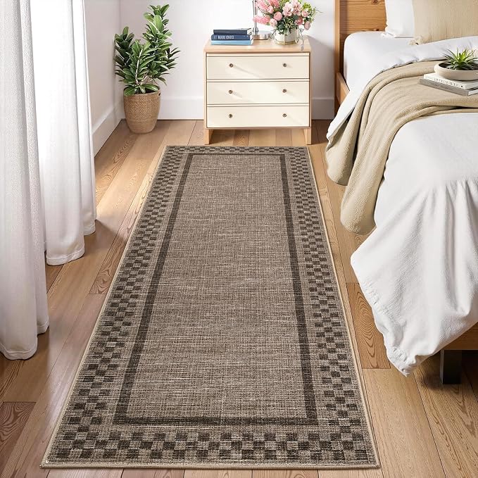 GarveeHome Runner Rug 2x6 for Kitchen Non Slip Washable Hallway Runner Rugs | Modern Bordered Bathroom Throw Mat Soft Non Shedding Checkered Runners Geometric Area Rug for Bedside Living Room, Brown