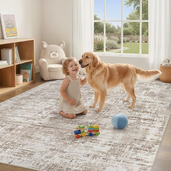 Nakagishi 10X14 Abstract Washable Area Rugs for Living Room-Brown-02 | Modern Non-Slip Silicone Backing Low Pile Soft Carpet for Bedroom Dining Decor Ideal for Families with Kids and Pets