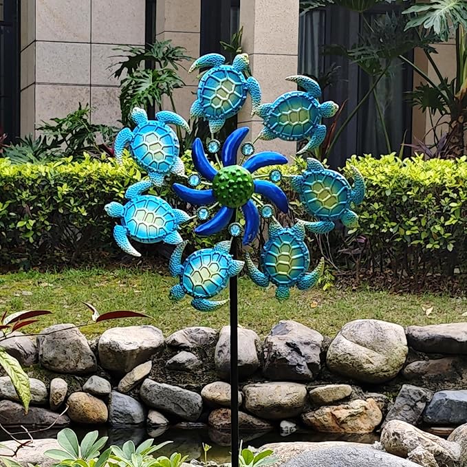 Sea Turtle Wind Spinners Garden Stake, 39" Turtles Wind Spinner Outdoor Decorations- Metal Green Outside Lawn Stake Wind Sculptures for Yard Patio,Lawn & Garden Art Decor