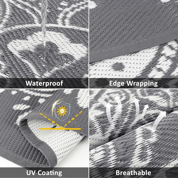 Pauwer Waterproof Outdoor Rug 8ft, Reversible Plastic Straw Patio Camping Rug, Indoor Outdoor RV Mat Carpet for Deck, Camper, Porch, Balcony, Backyard, Picnic, Floral Grey