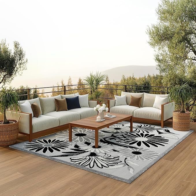 Nourison Home Aloha Black White 7' x 10' Area Rug - Easy Clean, Non Shedding, Bed Room, Living Room, Dining Room, Kitchen (7' x 10')