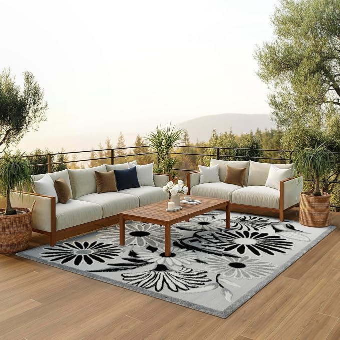 Nourison Home Aloha Black White 9' x 12' Area Rug - Easy Clean, Non Shedding, Bed Room, Living Room, Dining Room, Kitchen (9' x 12')