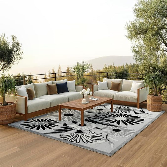 Nourison Home Aloha Black White 9' x 12' Area Rug - Easy Clean, Non Shedding, Bed Room, Living Room, Dining Room, Kitchen (9' x 12')