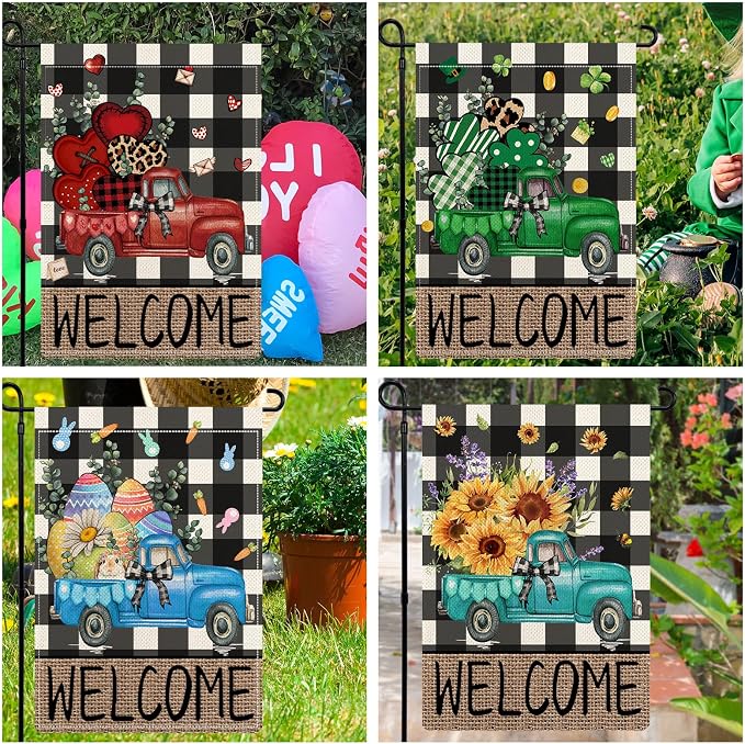 Rustic Truck Buffalo Plaid Garden Flags for Outside Set of 12, Welcome Seasonal Garden Flags 12x18 Double Sided, Car Holiday Lawn Flags, Winter Spring Outside Decorations for Yard