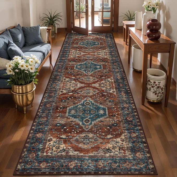 Tangsoo 3x10 Washable Hallway Runner Rug, Vintage Non Slip Long Runner Rug | Oriental Soft Low Pile 10ft Rug Runner, Boho Print Distressed Carpet Runners for Hallway Kitchen Bedroom Entryway Living Room
