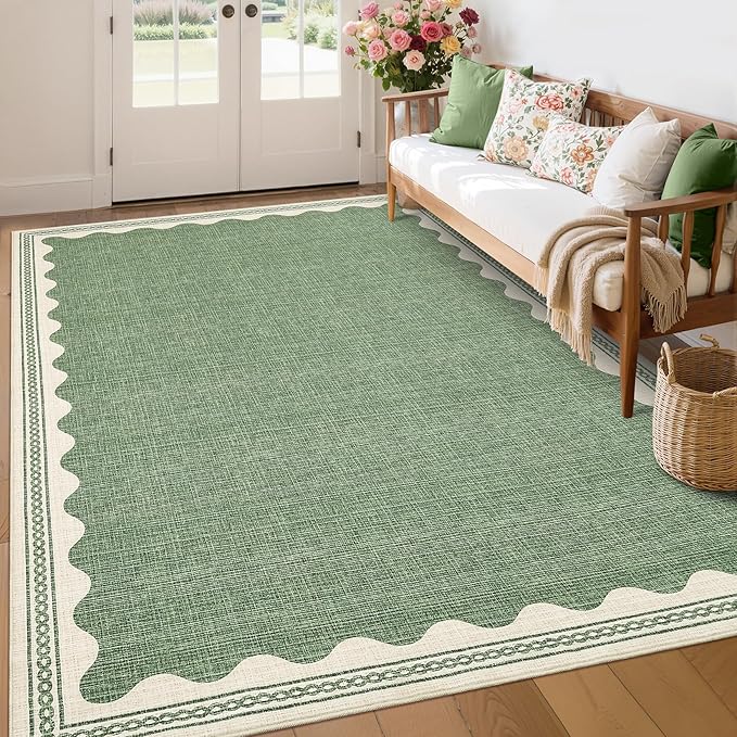 GarveeHome Scalloped Sage Green Washable Rugs 10x13 Rug for Living Room Non-Slip Solid Modern Minimalism 10 x 13 Rug Low-Pile Carpet for Bedroom Dining Nursery Mat with Rubber Back