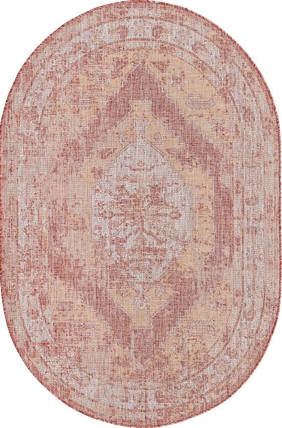 Unique Loom Outdoor Traditional Collection Area Rug - Valeria (5' 3" x 7' 10" Oval, Rust Red/ Ivory)