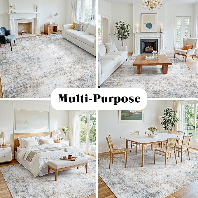 9x12 Area Rugs for Living Room: Washable Soft Brown White Abstract Carpet | Non-Slip TPE & Stain Resistant,0.25" Low-Pile,Kids Pet Friendly Modern Decor for Dining Room Farmhouse Office, Non-Shedding