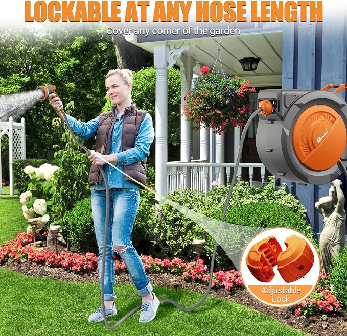 1/2" x 160 ft Retractable Hose Reel, Heavy Duty Retractable Garden Hose Reel Wall Mounted with 10-Pattern Hose Nozzle/Any Length Lock/Slow Return System/180°Swivel Bracket,Orange