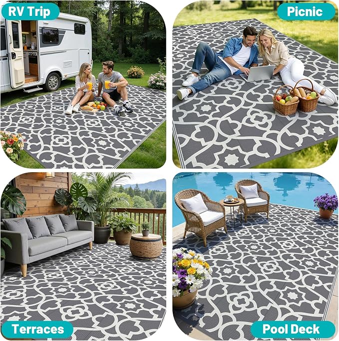 HEBE Outdoor Rug Waterproof 9x12, Plastic Straw Rug Camping Rug, Reversible Outdoor Patio Rugs RV Mat Clearance, Indoor Outside Floor Carpet for Porch,Deck,Camper,Balcony,Backyard