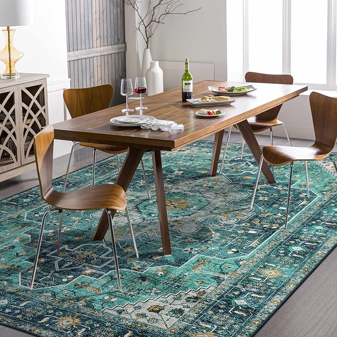 Moynesa Ultra-Thin Washable 10x14 Area Rugs for Living Room, Teal Large Living Room Rug Non Slip, Vintage Oriental Indoor Floor Carpet for Dining Room Table Dorm Home Office Decor