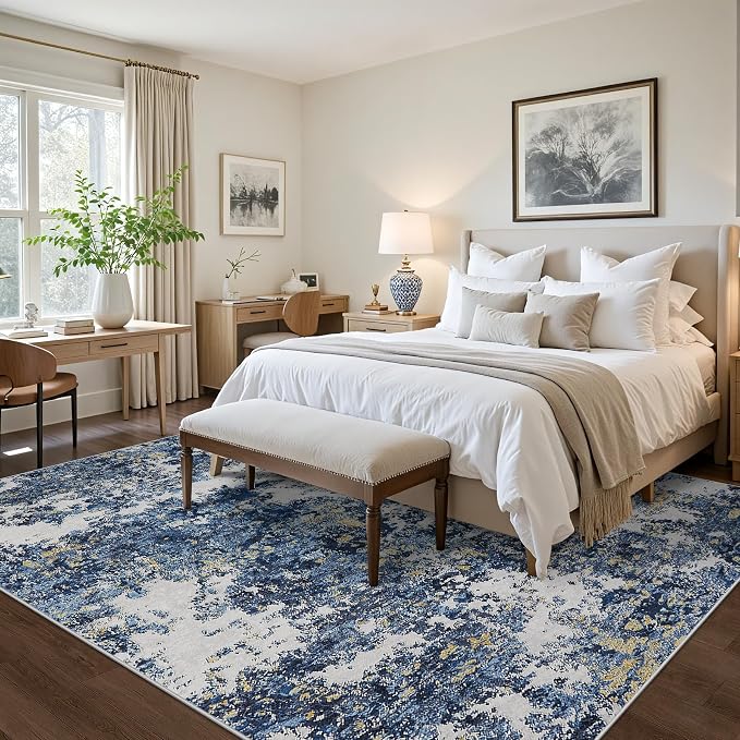 Area Rug 9x12 Living Room: Large Washable Rug with Anti-Slip Backing Non-Shedding Stain-Resistant Soft Abstract Carpet for Bedroom Dining Room Nursery Home Office (Blue/Multi) | With Anti-Slip Backing，Non-Shedding，Stain-Resistant，Soft Modern Large Carp...