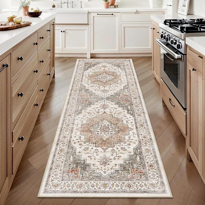 2x6 Vintage Runner Rug Low Pile Non-Slip Runners Washable Rug | Retro Print Rug, Non-Shedding, Soft Orange Gray Carpet, Stain Resistant Runner, for Hallway Kitchen Bedroom Laundry Room