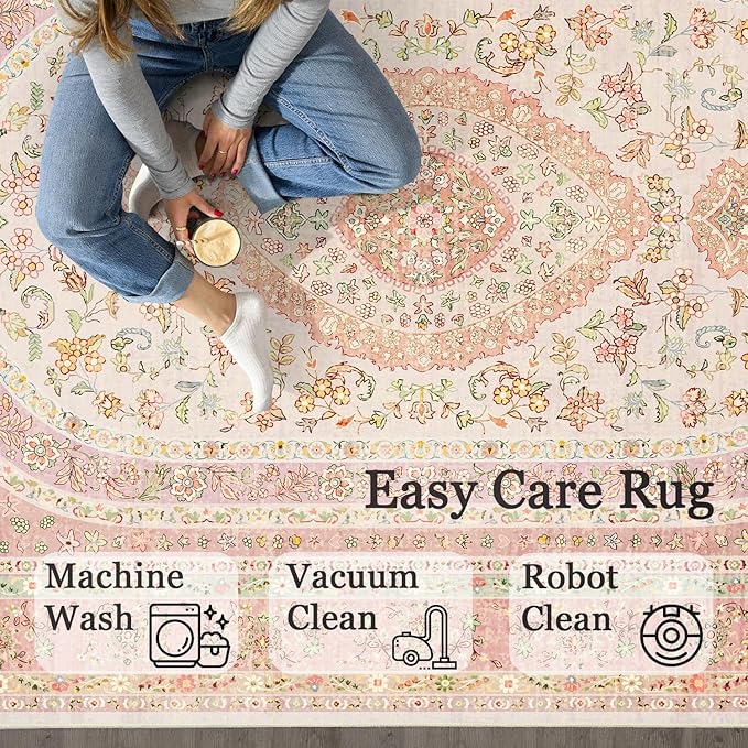 Pink Rug 3x5,Boho Washable Area Rugs for Bedroom Entryway | Small Vintage Distressed Farmhouse Non Slip Carpet for Living Room,Blush Floral