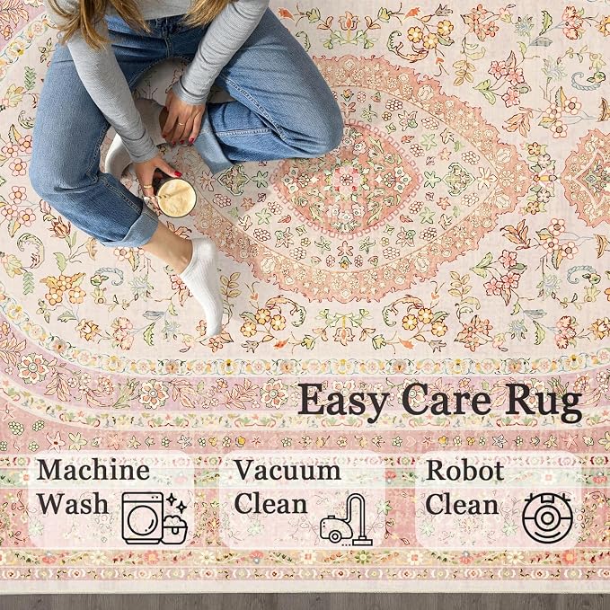 Round Area Rugs 4ft Washable,Pink Rug for Living Room Bedroom | Circle Boho Vintage Bohemian Distressed Farmhouse Carpet Non Slip for Dining Room,Blush Floral