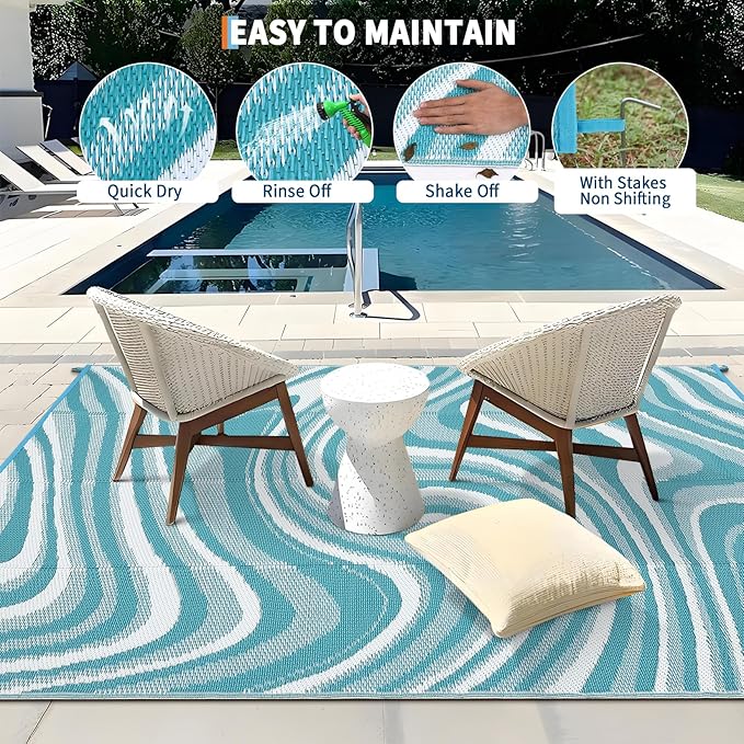 Garvee Large Modern Outdoor Rug 9x18 Patio Rugs Outdoor Waterproof Reversible Plastic Straw Camping Rug, Abstract Outside Rugs for Picnic Backyard Deck Balcony Porch Beach Trailer, Light Blue