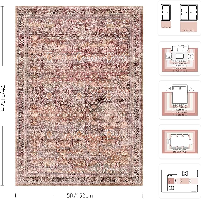 5x7 Area Rugs - Washable Vintage Retro Living Room Rug, Soft Ultra Thin Non Slip Low Pile Traditional Distressed Boho Carpet for Bedroom Dining Room Nursery Home Office, Vintage Iron Red