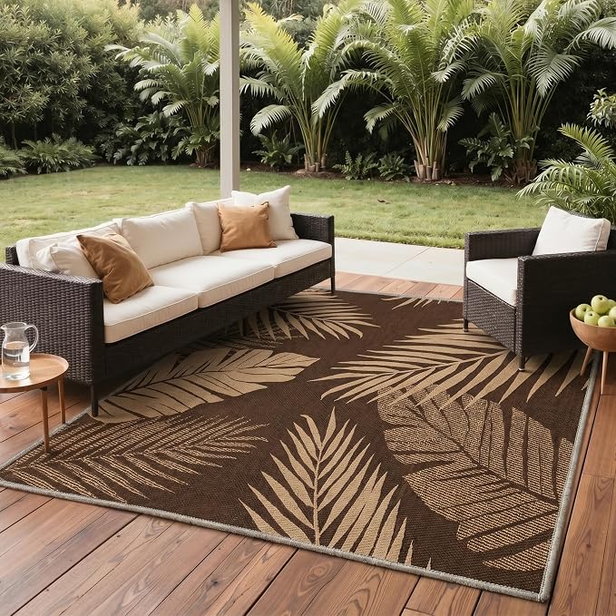 GENIMO Outdoor & Indoor Area Rug 2'x10', Waterproof, Non-Shedding, Easy Cleaning, Leaf Mat for Patio, Living Room, Balcony, Dining Room, RV, Deck, Bedroom, Camping, Outside Carpet, Coffee Brown