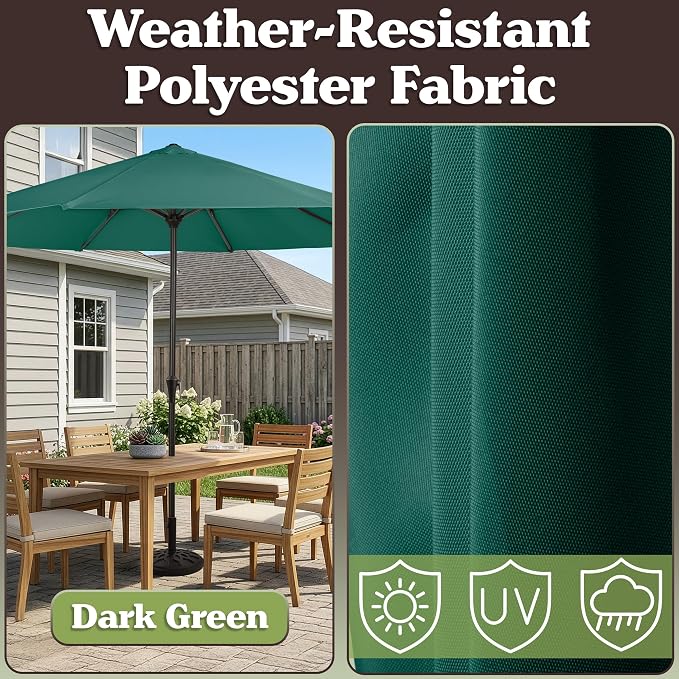 Pure Garden 9FT Round Patio Umbrella with 19lb Weighted Base - Easy Crank, Vented Canopy Outdoor Umbrella for Shade - For Deck, Balcony, Porch, Backyard, or Pool (Dark Green)
