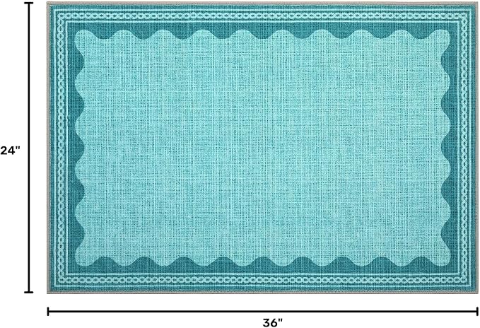 GarveeHome Scalloped Teal Door Mat Indoor Rugs for Entryway Small Rug 2x3 Washable Non-Slip TPE Backing Modern Minimalism Soft Low-Pile Throw Carpet for Bedroom Kitchen Bathroom