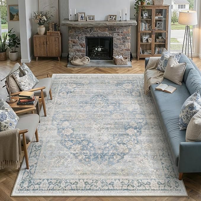 8x10 Blue Farmhouse Area Rug | Washable, Non Slip, Soft Low Pile, Neutral Vintage, Large, for Living Room Bedroom Dining Room Office Indoor Home Decor