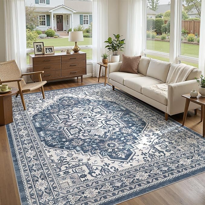 UERMEI 10x12 Area Rug for Living Room - Washable Vintage Carpet, Non-Slip Soft Large Indoor Floor Rugs for Bedroom Home Office & Under Dining Table Decor, Denim Blue/White