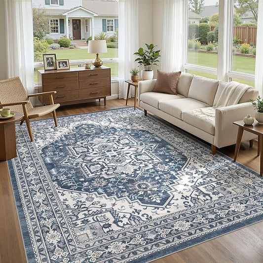 UERMEI 10x12 Area Rug for Living Room - Washable Vintage Carpet, Non-Slip Soft Large Indoor Floor Rugs for Bedroom Home Office & Under Dining Table Decor, Denim Blue/White