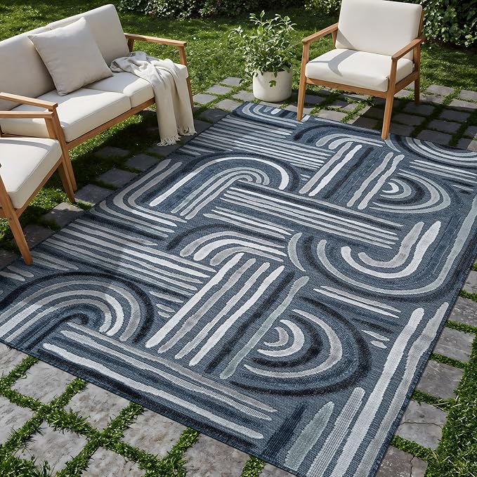 CAMILSON Indoor Outdoor Rug, Navy Blue 5x7 Geometric Arch Striped Area Rugs for Patio and Home Areas, Easy-Cleaning Non-Shedding Living Room, Garden and Deck Washable Outside Carpet (5 x 7)