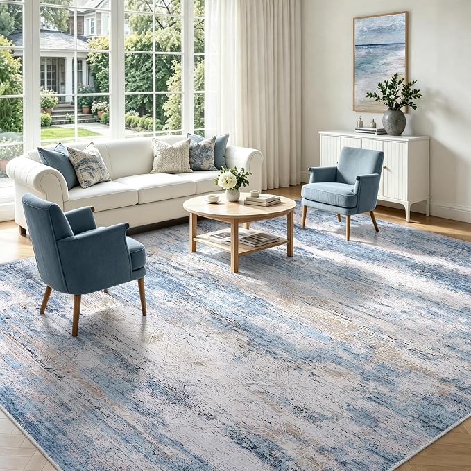 9x12 Washable Area Rug Modern Abstract for Living Room Bedroom Blue | Soft Indoor Carpet,Anti-skid Backing,Water Repellent,Non-shedding, Suitable for bedroom dining farmhouse nursery home office