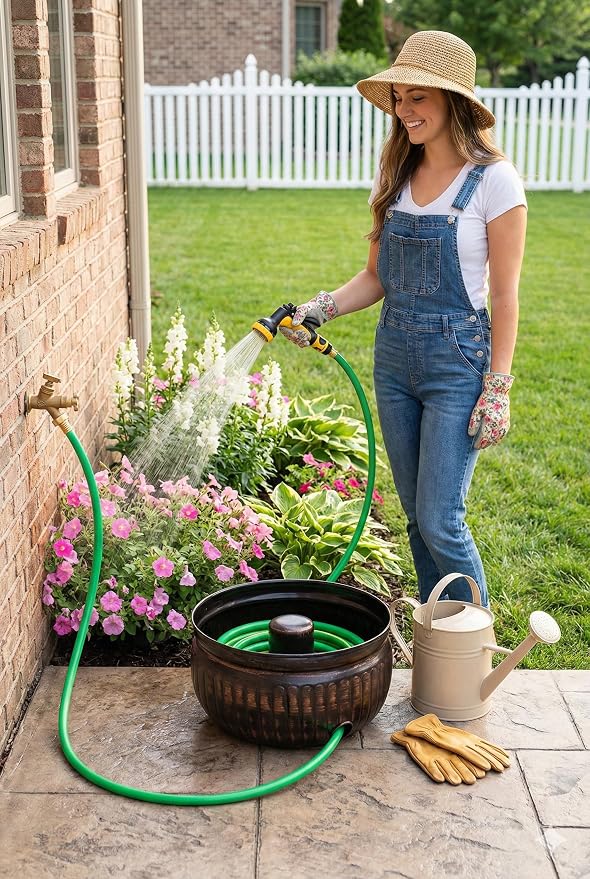 BIRDROCK HOME Water Hose Holder - Decorative Metal Pot, Indoor or Outdoor, Garden Storage Organizer, Patio Portable Bucket - Distressed Bronze, Holds up to 100ft Hoses, Medium No Lid